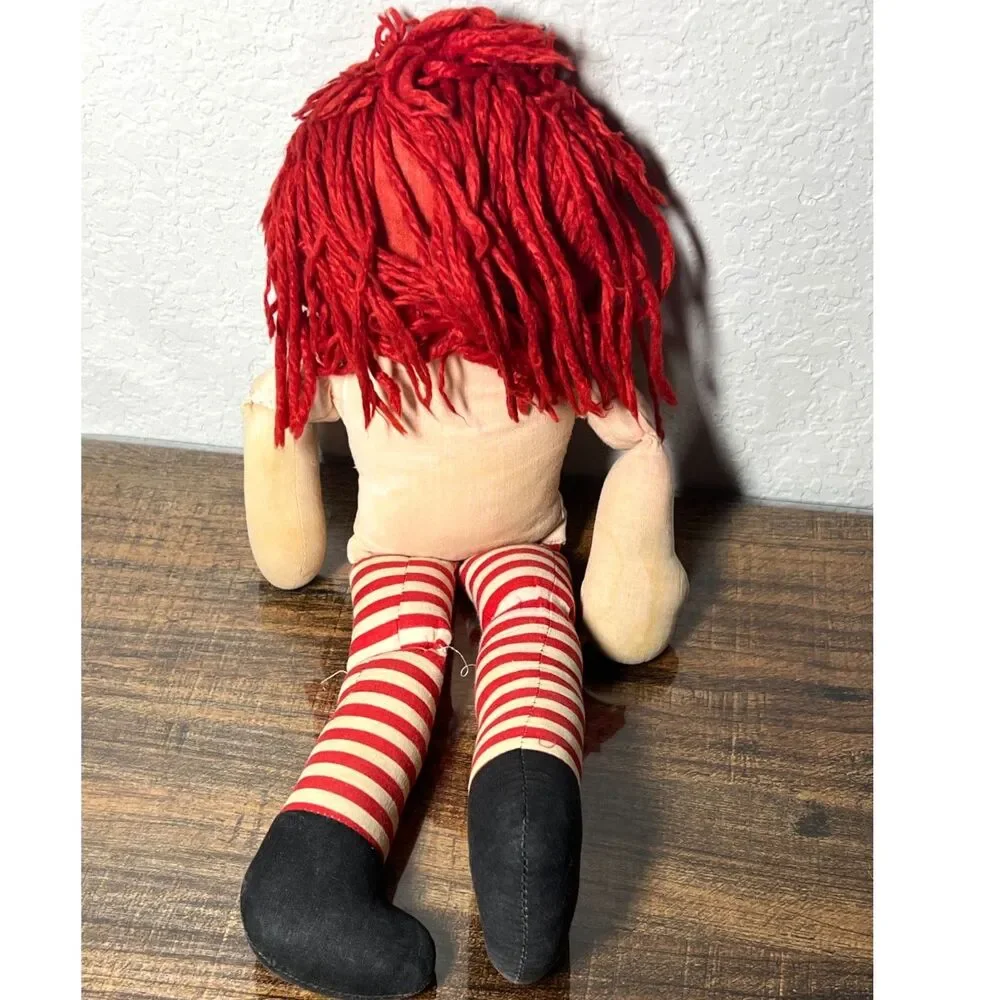 Vintage Raggedy Ann Doll Printed Face Heart Red Yarn Hair Striped Legs 1950s–70s